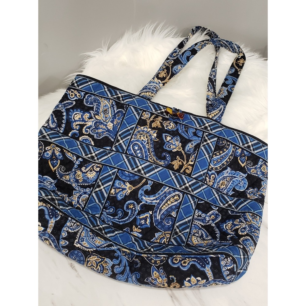 LARGE Vintage Vera Bradley Windsor Navy Blue Handbag Tote Bag Purse Paisley 9x13